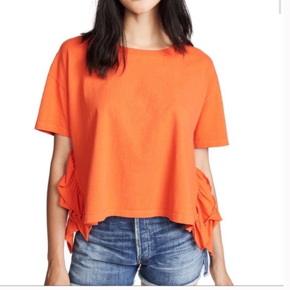 Current/Elliot The Side Slit Ruffle Tee Orange Cotton— Size 3 (Large)